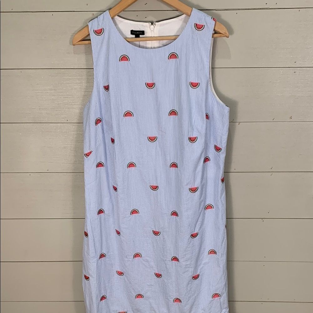 Sleeveless Blue Stripe Watermelon Embroidered Shift Dress